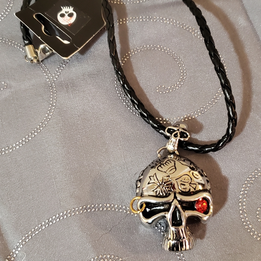 Skull necklace - heavy quality stainless steel & leather braided cord